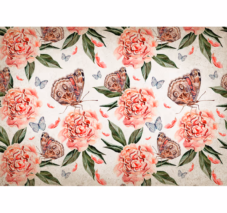 Fotobehang bloemen vlinders en pioenrozen - TenStickers