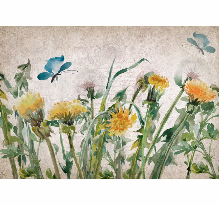 Fotobehang bloemen paardenbloemen met vlinders - TenStickers