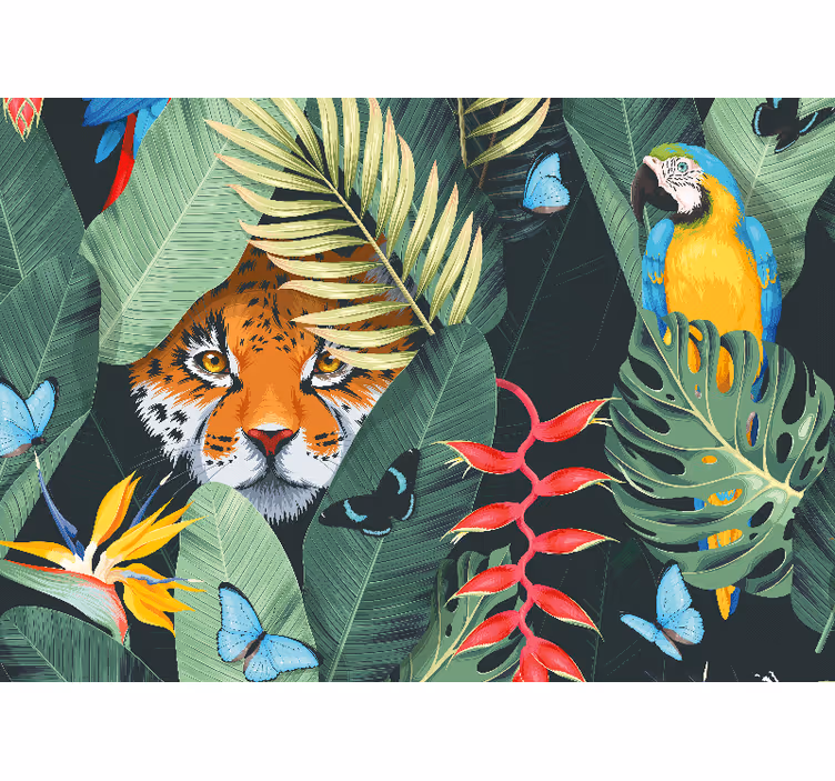 Tijger en papegaai fotobehang dieren - TenStickers