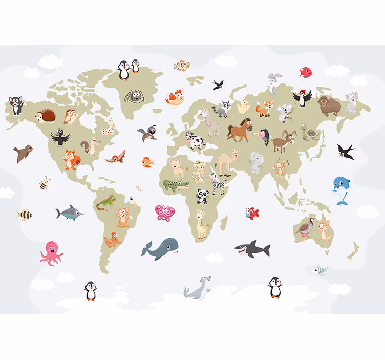 Fotobehang dieren wereldkaart van wezens - TenStickers