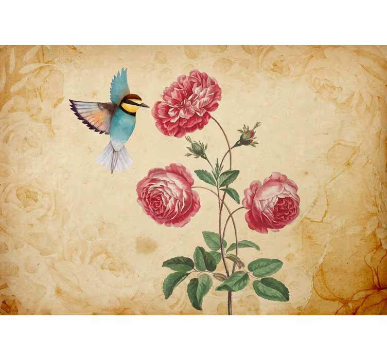 Fotobehang bloemen kolibrie en rozen - TenStickers