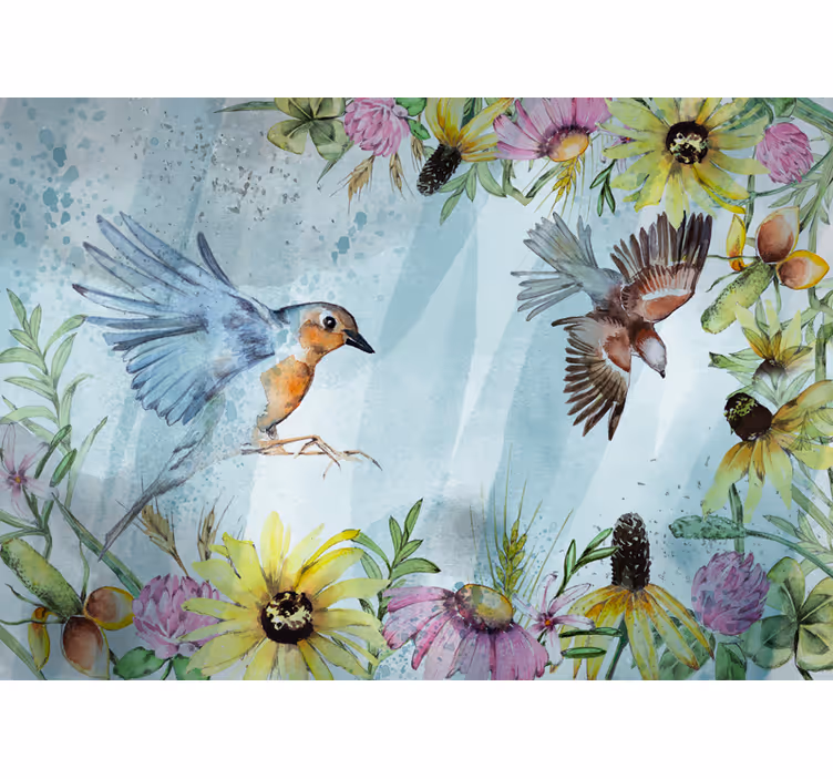 Kleurrijke bloemenvogels foto behang kantoor - TenStickers