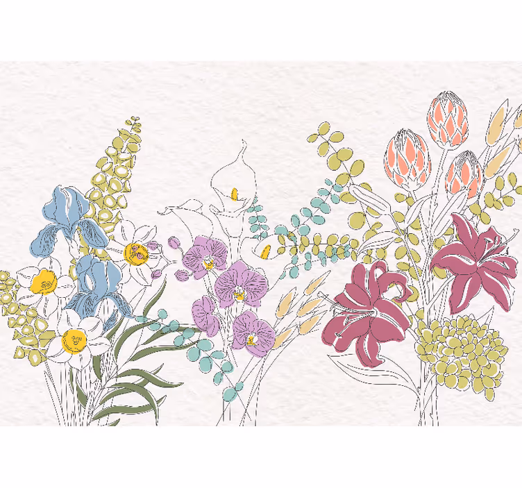 Getekende bloemen fotobehang panoramisch - TenStickers