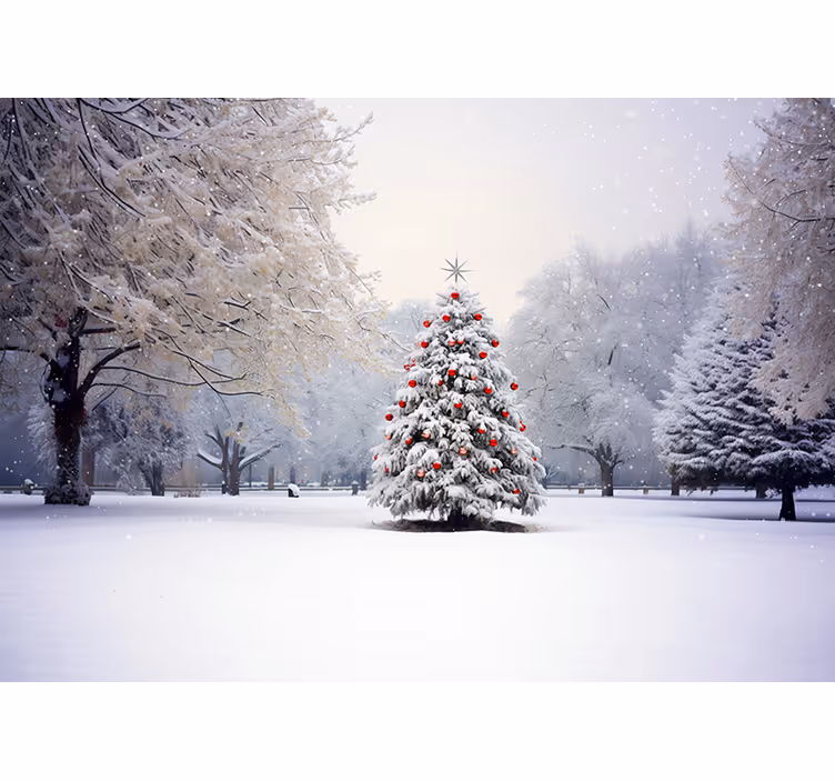 Kerstspar in de sneeuw Fotobehang kerst - TenStickers