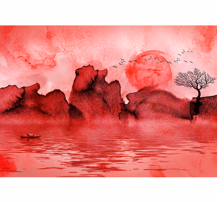 Chinees inktlandschap Foto behang rood - TenStickers