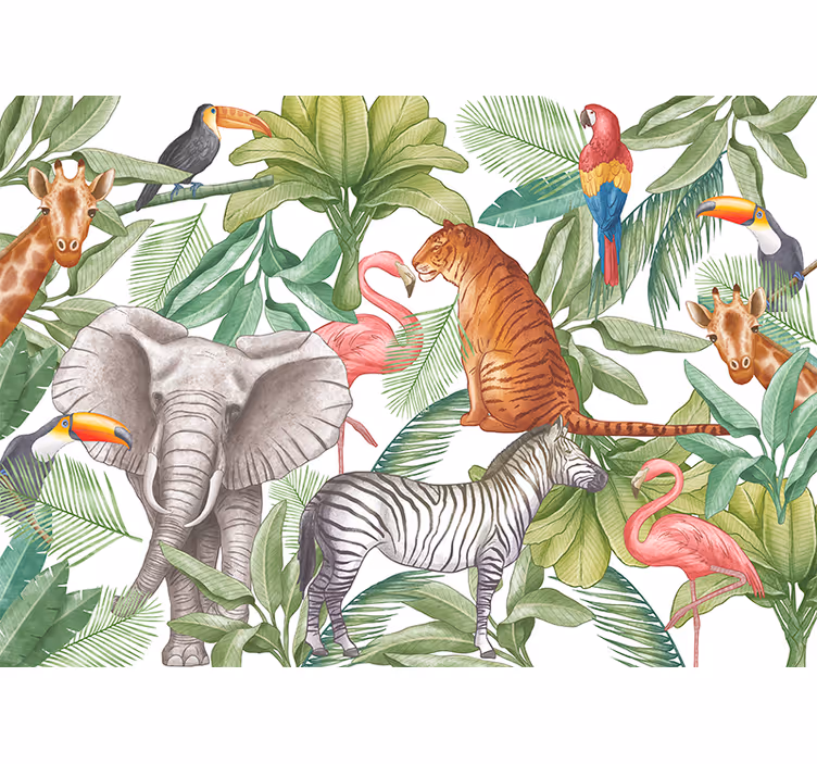 Aquarel dieren ontwerp foto behang jungle - TenStickers