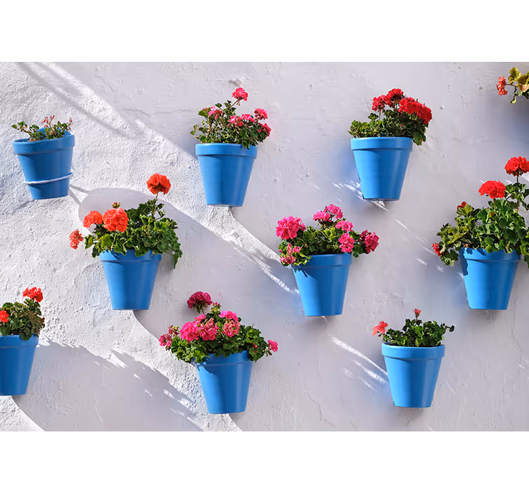 Fotobehang bloemen met hangende bloempotten - TenStickers