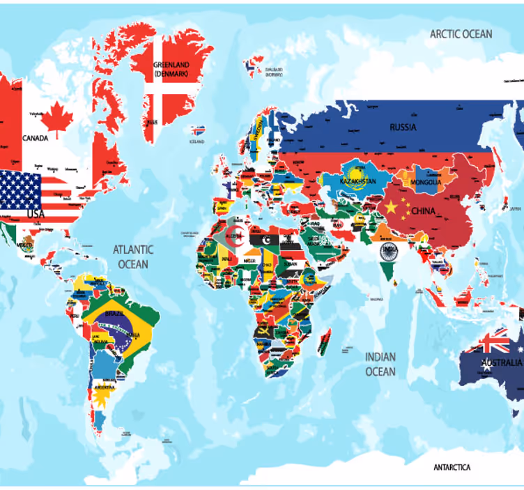 Fotobehang wereldkaart Wereldkaart met vlaggen - TenStickers