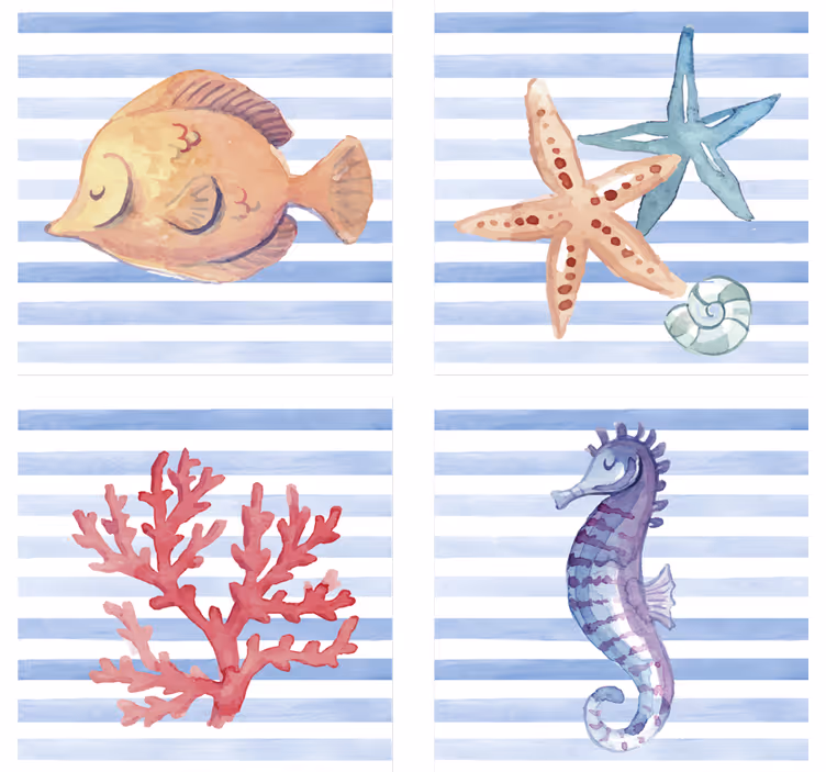 Tegel onderzetters zeedieren kunstwerk - TenStickers
