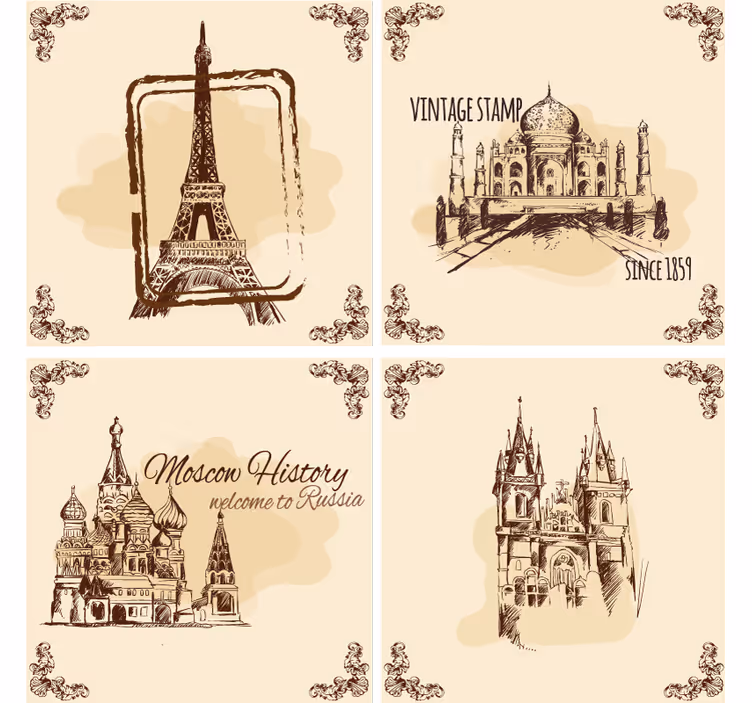 Vintage onderzetters met historische landmark illustraties - TenStickers