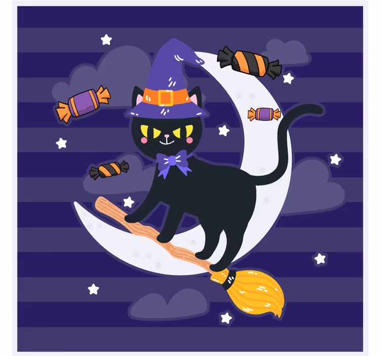 Halloween onderzetters heksenkat op bezem - TenStickers