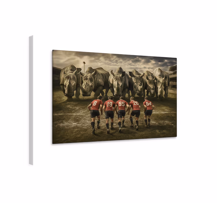 Rugbymannen en neushoorns canvas schilderij sporten - TenStickers