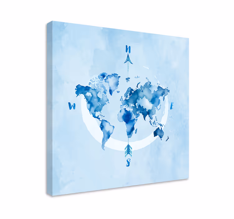 Blauw canvas schilderij waterverf blauwe planisfeer - TenStickers