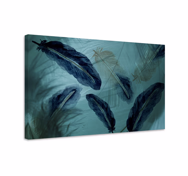 Blauw canvas schilderij watercolor veer lijn esthetiek - TenStickers
