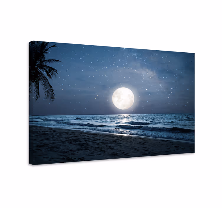 Blauw canvas schilderij prachtige maanlicht boven oceaan - TenStickers
