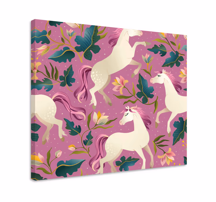 Paarden schilderij op canvas roze en bloemdessin - TenStickers