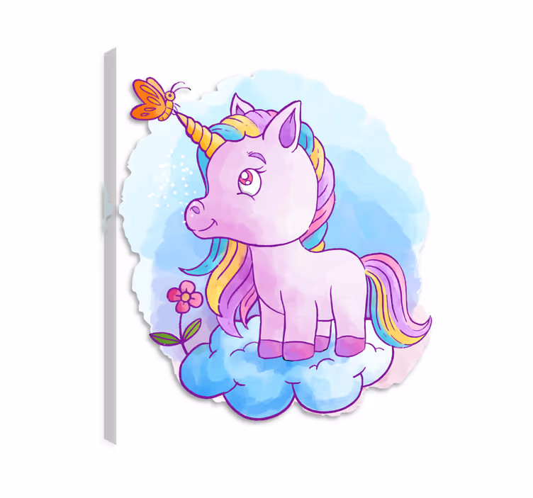 Canvas schilderij eenhoorn met vlinder en regenboog - TenStickers