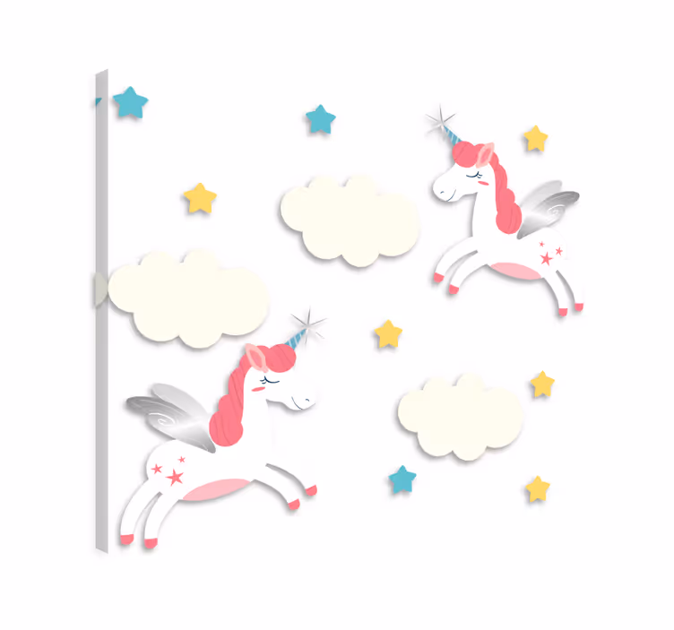 Canvas schilderij eenhoorn eenhoorns wolken sterren roze - TenStickers