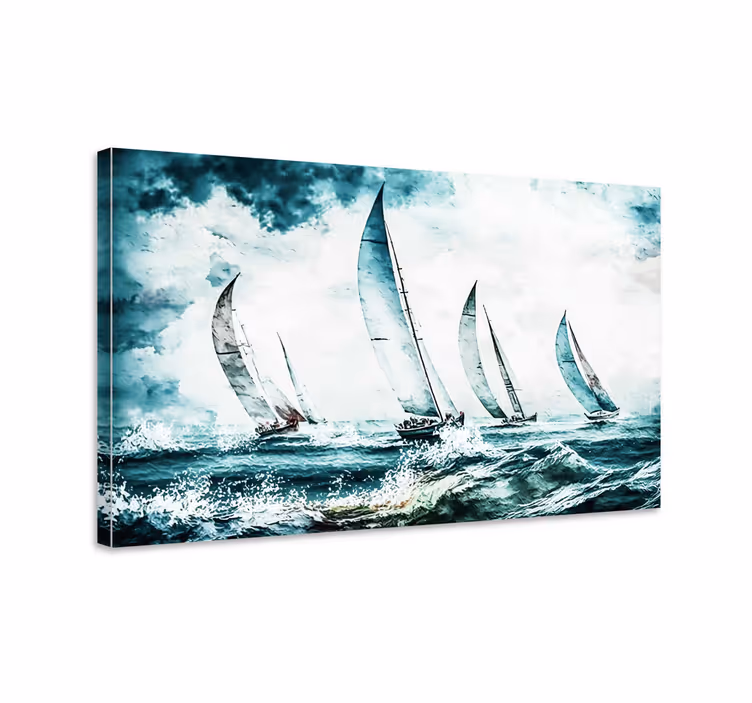 Blauw canvas schilderij zeilboten op zee - TenStickers