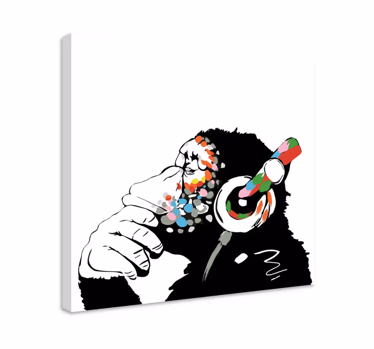 Canvas schilderij Banksy aap met koptelefoon  - TenStickers