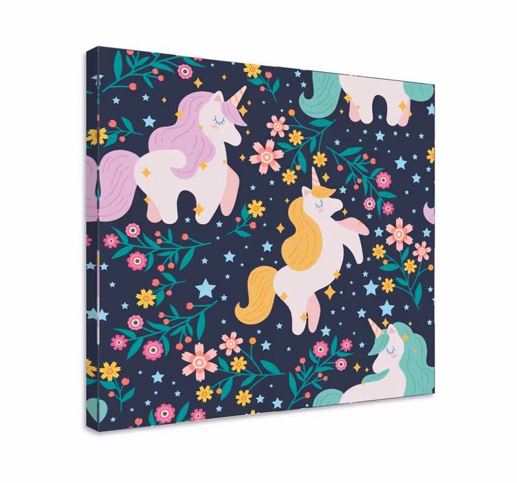 Canvas schilderij kleurrijke eenhoorn en bloemen - TenStickers