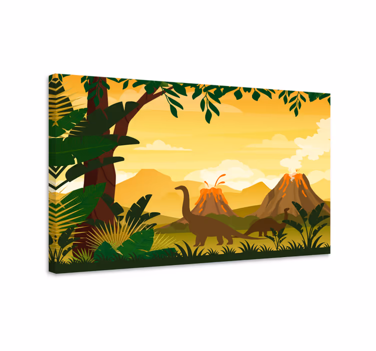Canvas schilderij dinosaurus dinosaurus tussen vulkanen - TenStickers