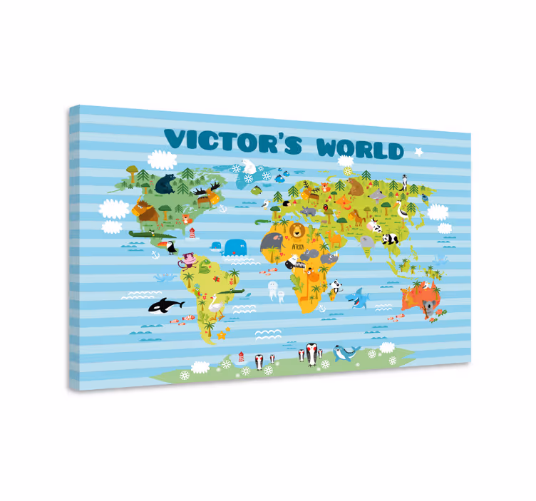 Dierenavontuurkaart Wereldkaart canvas schilderij - TenStickers