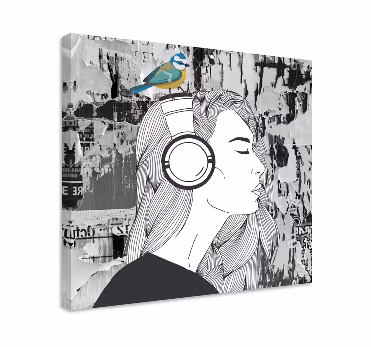 Canvas schilderij kunst Vrouw met koptelefoon en vogel - TenStickers