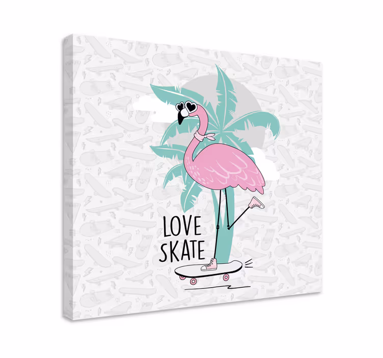 Canvas schilderij dieren flamingo op skateboard - TenStickers