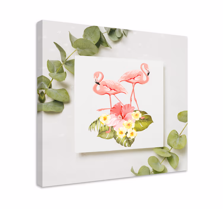 Flamingo's en hibiscus Canvas schilderij bloemen en planten - TenStickers