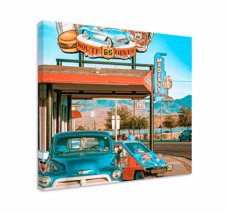 Canvas schilderij woonkamer Restaurant en auto's - TenStickers