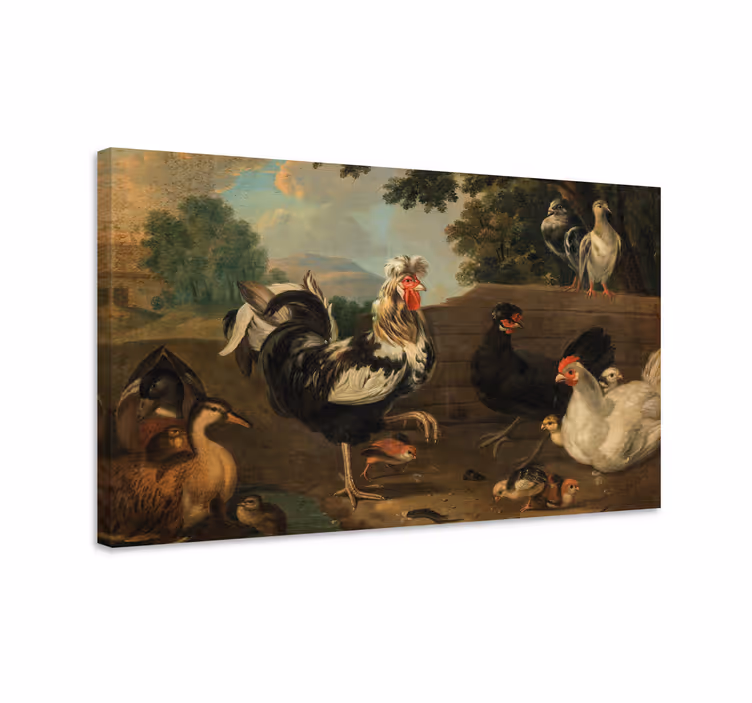 Canvas schilderij vogels boerderijhanen bijeen - TenStickers
