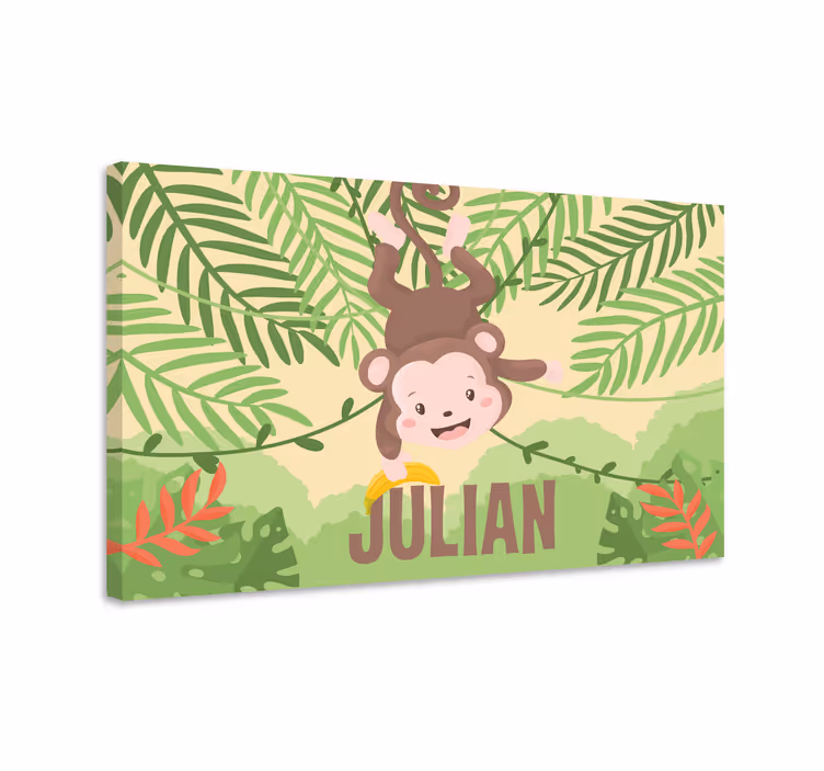 Canvas schilderij dinosaurus aap hangend plezier - TenStickers