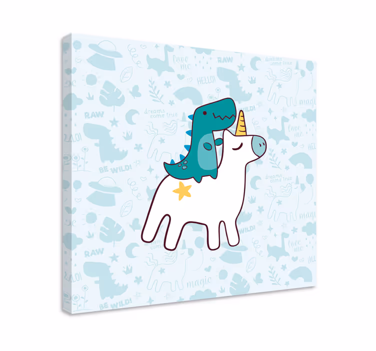 Canvas schilderij eenhoorn met dinosaurus rijdend - TenStickers