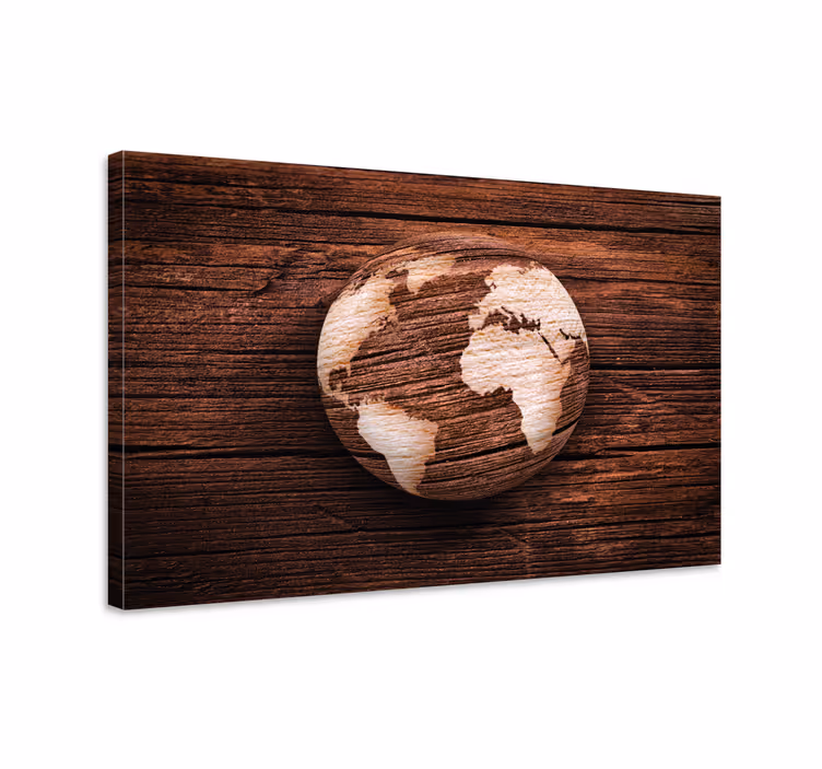 Wereldkaart canvas schilderij houten globe ontwerp - TenStickers