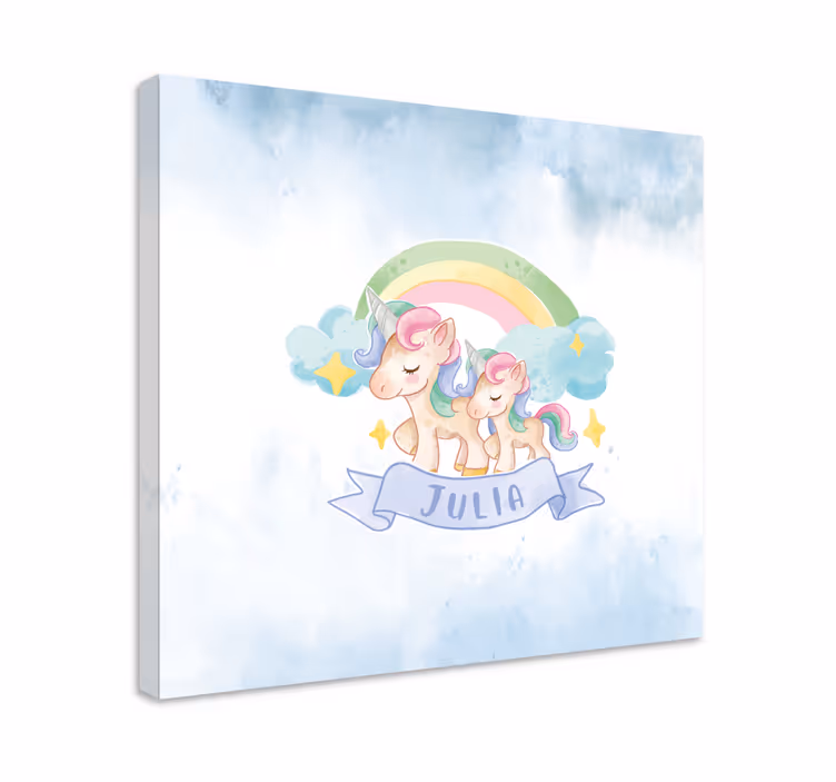 Canvas schilderij kinderkamer Gelukkige eenhoorns boven een regen - TenStickers