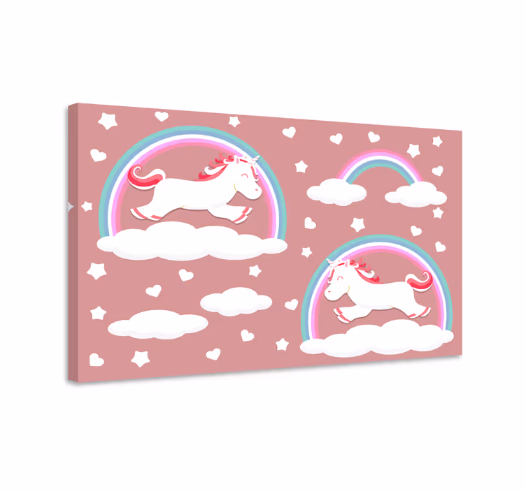 Canvas schilderij dinosaurus eenhoorns in wolken - TenStickers