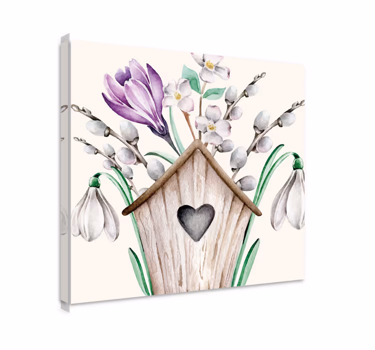 Canvas schilderij bloemen en planten vogelhuisje bloemstuk - TenStickers