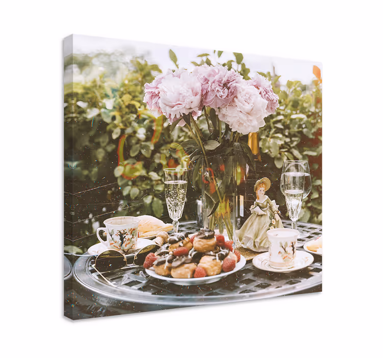 Canvas schilderij bloemen en planten thee middagsetting - TenStickers