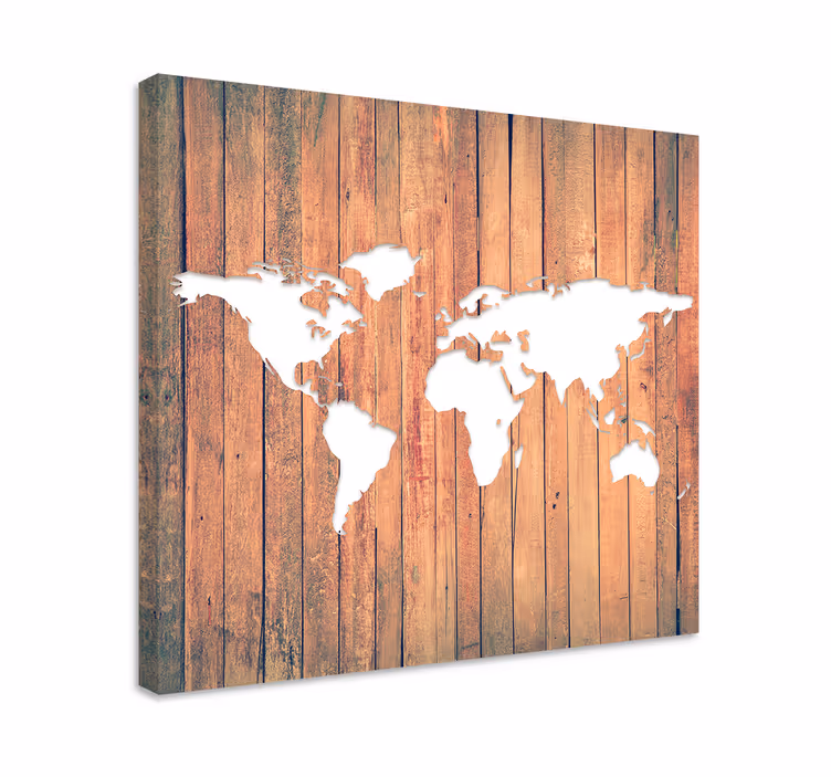 Witte wereldkaart op hout canvas schilderij - TenStickers