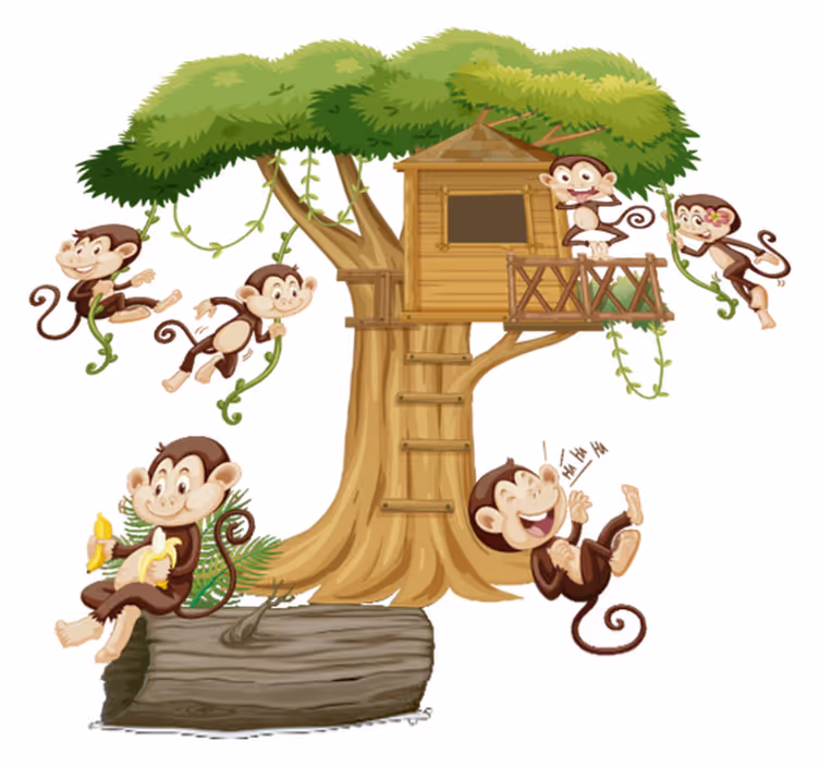 Dieren vinyl tapijt met apen in boomhut - TenStickers