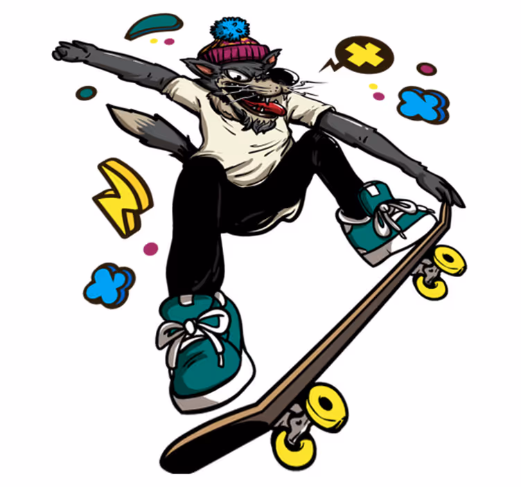 Dieren vinyl tapijt wolve op skateboard - TenStickers