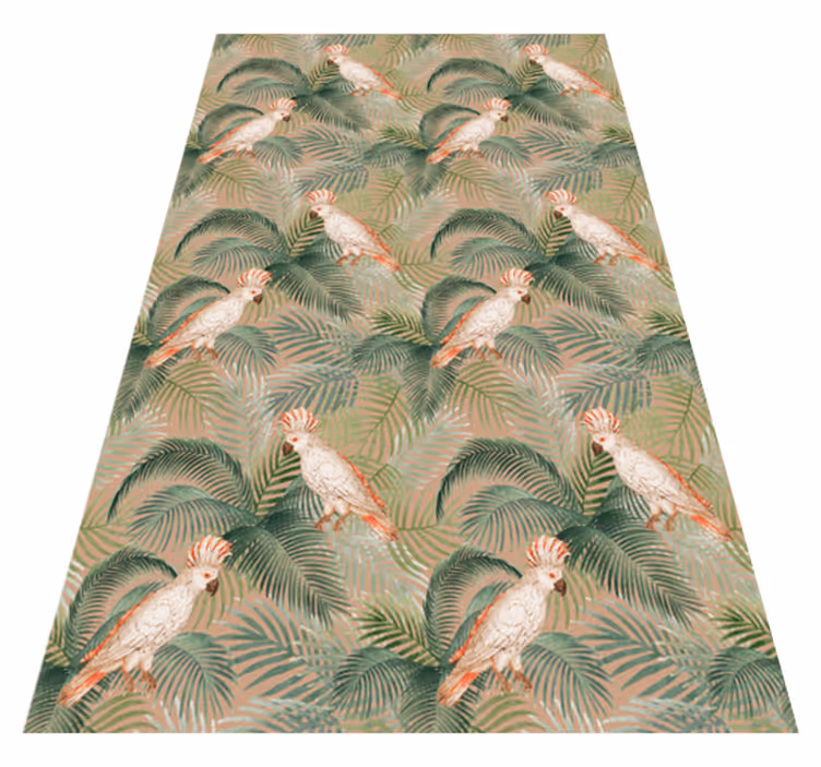 Dieren vinyl tapijt met witte papegaaien op beige palmen - TenStickers