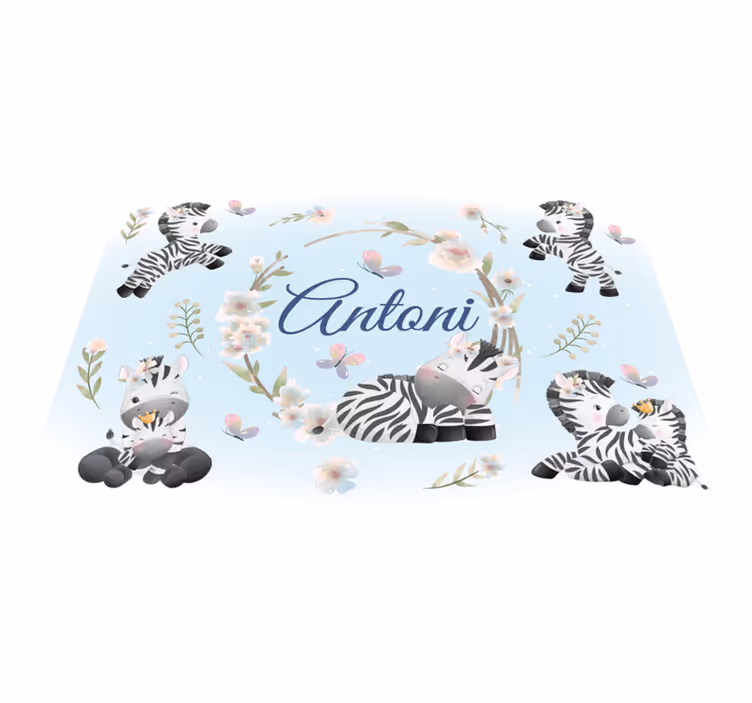Dieren vinyl tapijt baby zebra's met naam - TenStickers