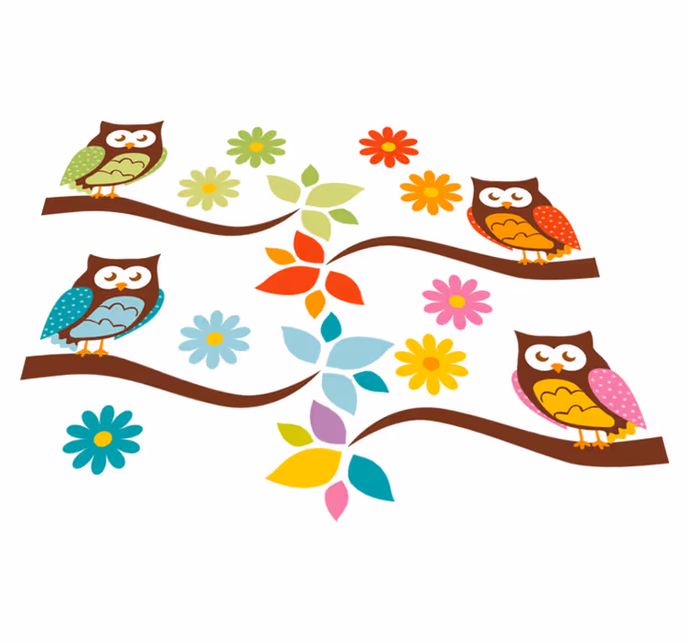Dieren vinyl tapijt kleurrijke uilen samenstelling - TenStickers