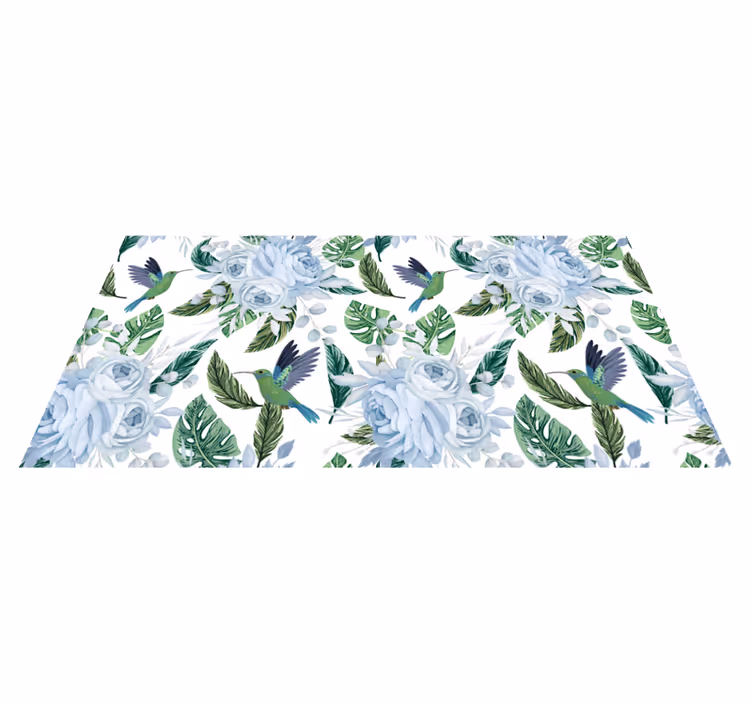 Vinyl tapijt bloemen en planten blauwe tuin met vogels - TenStickers