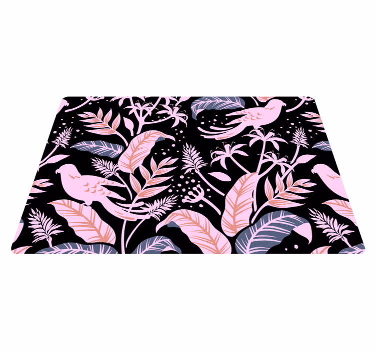 Vinyl tapijt bloemen en planten met zwarte en roze vogels - TenStickers