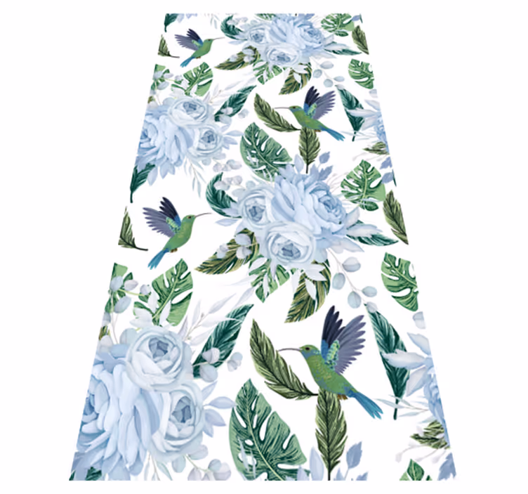 Vinyl tapijt keuken blauwe tuinbloemen met vogels - TenStickers