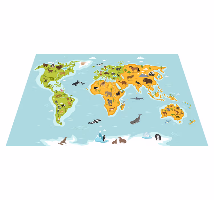 Vinyl tapijt wereldkaart met dieren en planten - TenStickers