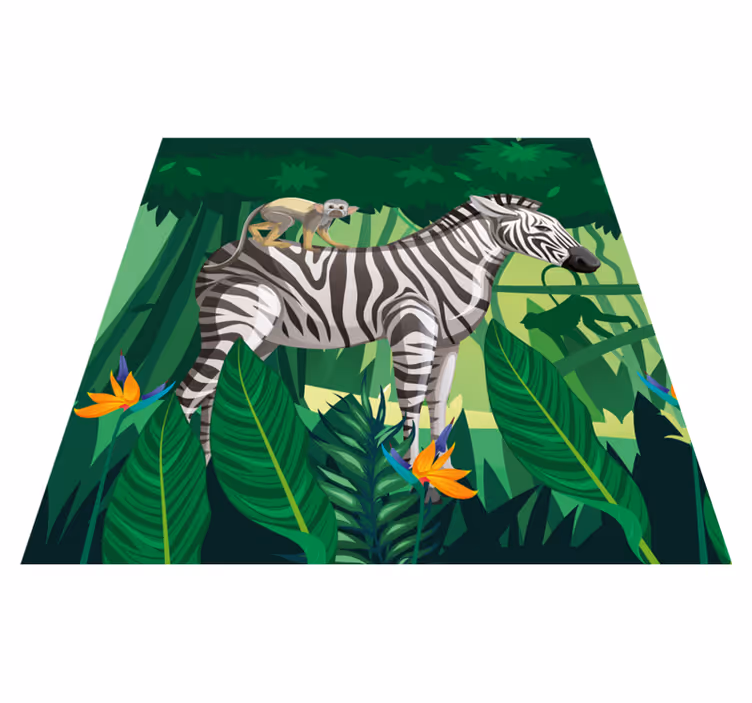 Vinyl tapijt kind giraffe zebra en aap samen quadres 4 - TenStickers